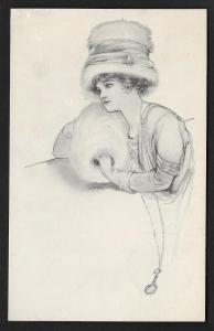 Pretty Lady with Large Hat & Hand Muff Unused c1910s