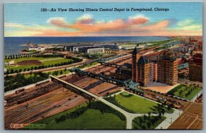 Postcard Chicago IL c1941 Central Depot Aerial View Railroad Planetarium Linen