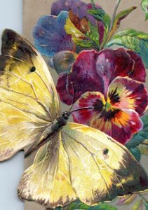 1880s Embossed Victorian Christmas Die-Cut Butterfly Moth Pansies P178