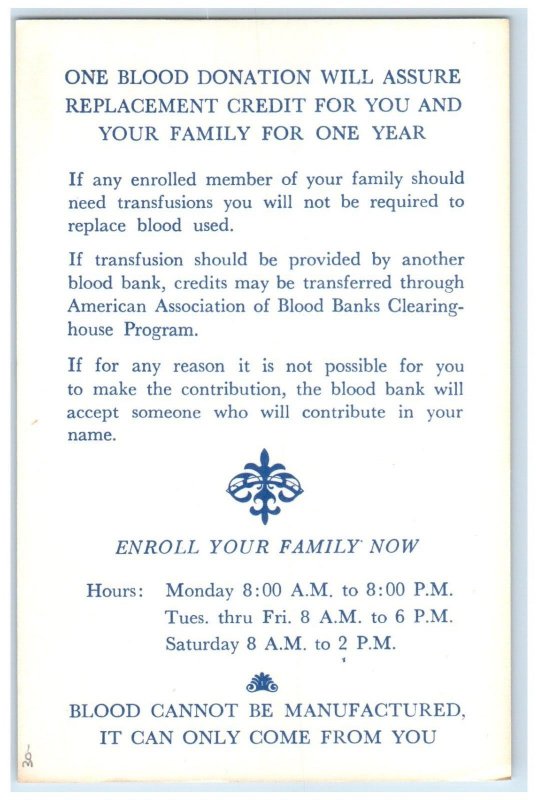 Family Blood Plan RE Hunter Memorial Blood Bank Clearwater Florida FL Postcard