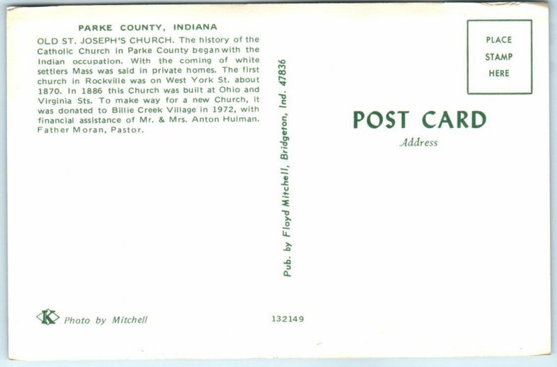 Postcard - Old St. Joseph's Church - Parke County, Indiana