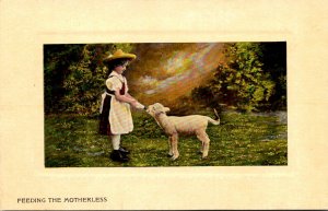 Young Girl and Lamb Feding The Motherless