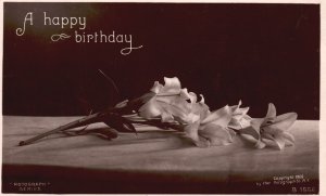 Vintage Postcard 1900's Real Photo A Happy Birthday White Flower On Table RPPC