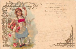 L175 Greetings 1902 Girl basket flowers doves silk dress embossed litho postcard