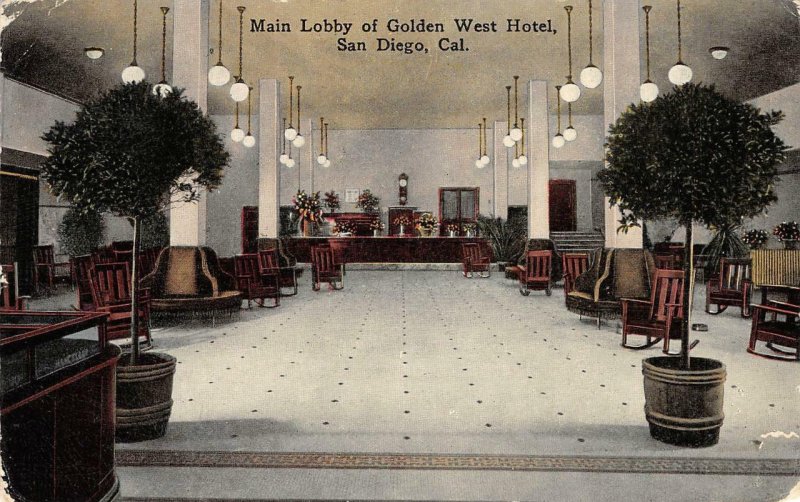 Main Lobby of Golden West Hotel, San Diego, California 1907 Vintage Postcard