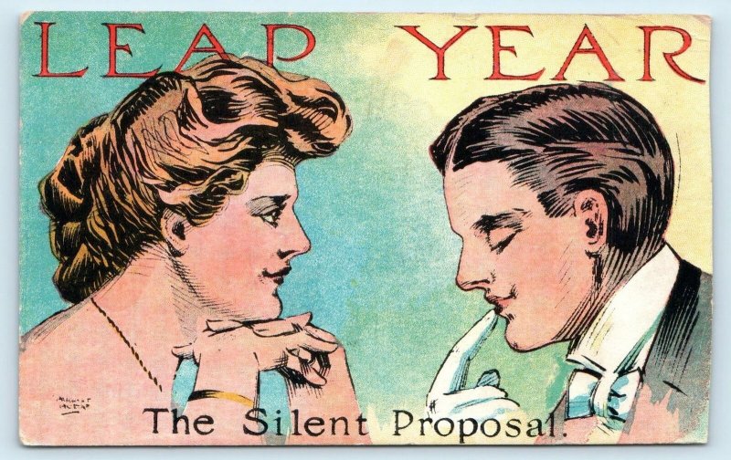 LEAP YEAR Greeting Signed August Hutaf 1908 Postcard : The SILENT PROPOSAL