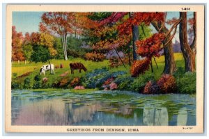 Denison Iowa Postcard Greetings Animals River Tress Forest 1940 Unposted Vintage