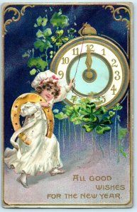 C. 1910 Raphael Tuck New Years Day Clock Adorable Girl Postcard P191 