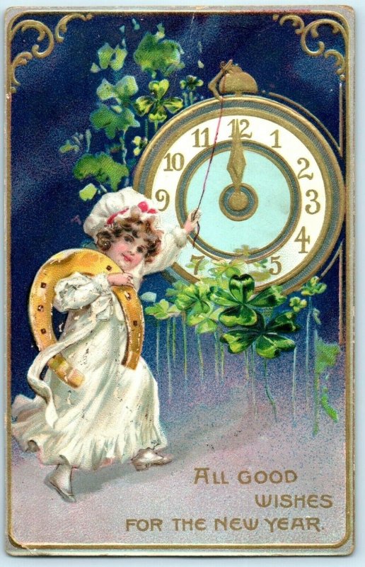 C. 1910 Raphael Tuck New Years Day Clock Adorable Girl Postcard P191 