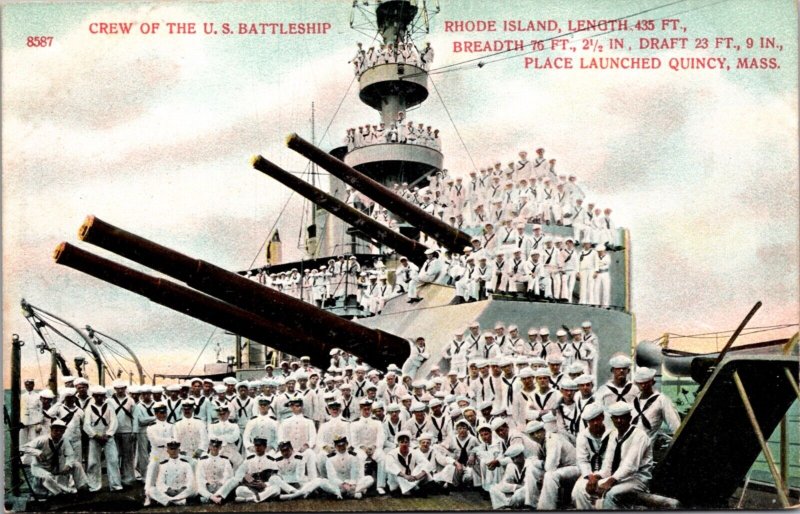 Postcard Crew of the US Battleship Rhode Island in Quincy, Massachusetts