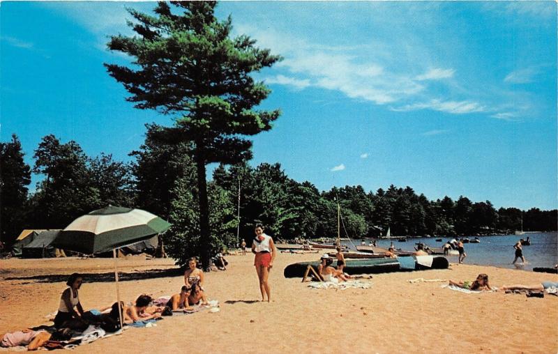 Sebago Lake State Park Maine~Beach Scene~People Posing~Canoes~Tents~60s Postcard