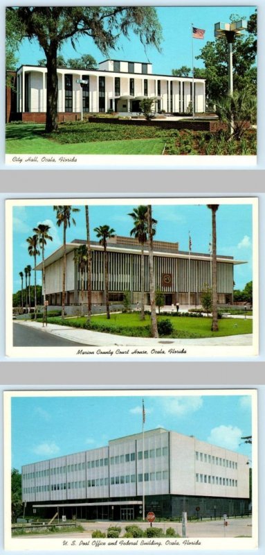 3 Postcards OCALA, Florida FL~ City Hall, MARION COUNTY COURT HOUSE, Post Office