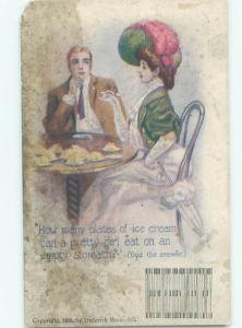 Pre-Linen Riddle Postcard WOMAN IN BIG HAT EATING AT TABLE AB7515