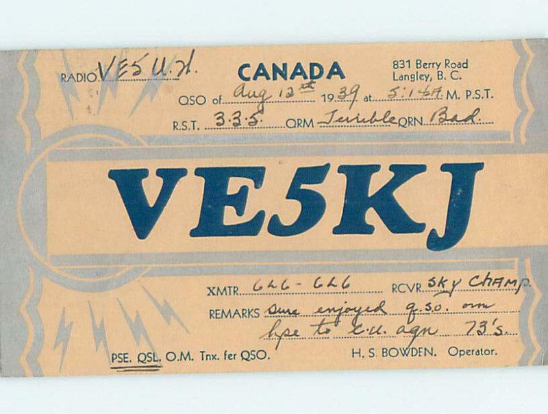 1930s QSL RADIO CARD Langley - Near Vancouver British Columbia BC AH3280