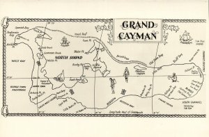 Cayman Islands B.W.I., GRAND CAYMAN, Map Postcard (1950s)