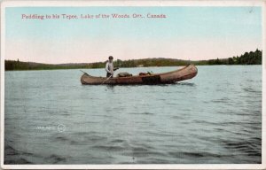 Lake of the Woods Ontario Paddling to Tepee Indigenous Man Postcard E77 *as is