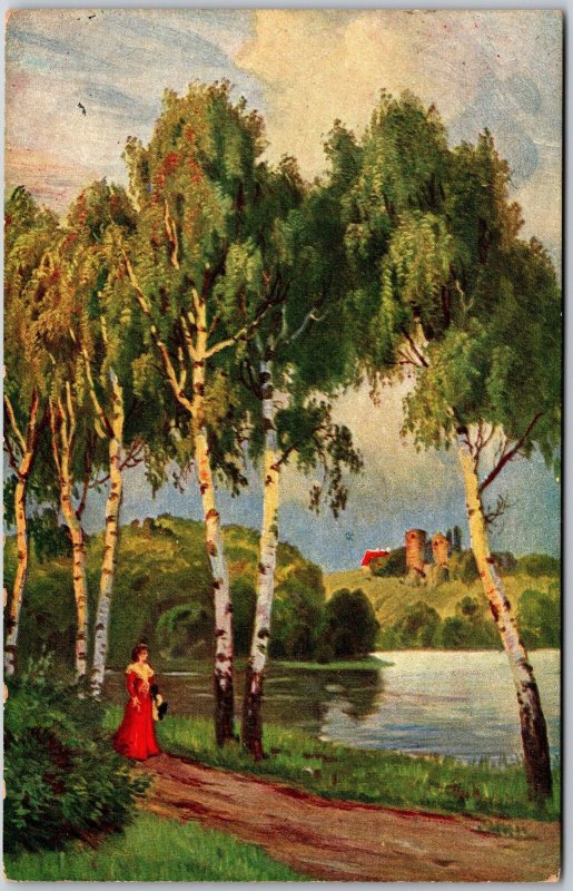 Painting Trees River Castle in Distance Scenic Picturesque View Postcard