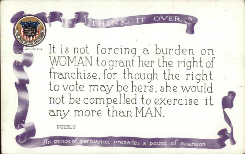Voting Rights Women's Suffrage Cargill Series 103 NOT FORCING BURDEN Postcard