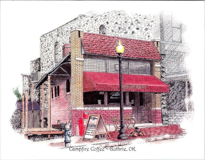 Guthrie, OK Oklahoma  CAMPFIRE COFFEE HOUSE Artist CHARLES W KELLER 4X6 Postcard