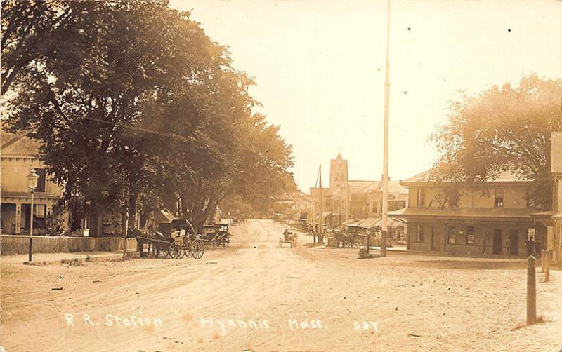 Hyannis MA Dirt Street Railroad Station Train Depot Horse & Wagons RPPC Postcard