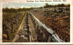 Postcard OH Chillicothe Greetings from Camp Sherman Doughboys Trenches 1919 M61