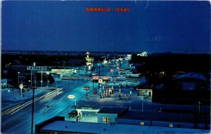 Postcard TX Amarillo Night View Tourist Center Gas Station Route 66 1960s S51