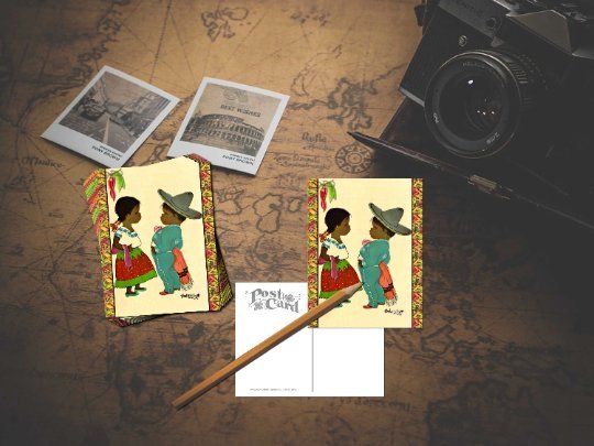 Hispanic Girl and Hispanic Boy on background of Oilette Hot Peppers Pattern