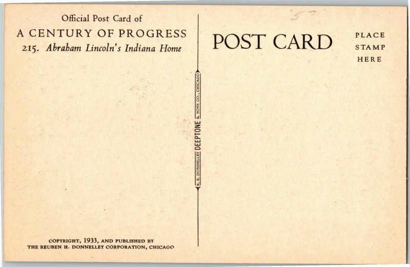 Abraham Lincoln's Indiana Home 215 1933 Chicago Worlds Fair Postcard C03