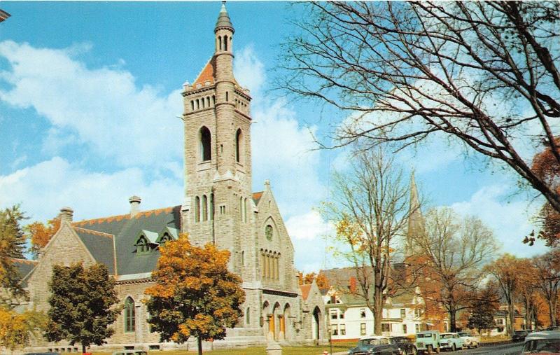 St Johnsbury VT~Main Street~North Congregational-St Aloysius Churches~'50s? Jeep