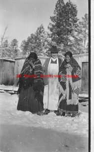 Native American Indians, RPPC, Man with Two Woman Wearing Blankets, Winter