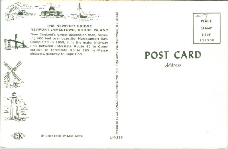 Newport Bridge Jamestown Rhode Island RI Suspension Narragansett Bay Postcard  