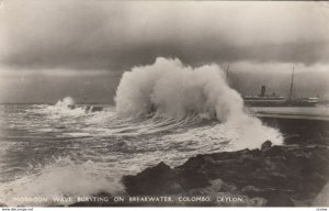COLOMBO, Ceylon, 1900-10s; Monsoon Wave Bursting on Breakwater, Lighthous, Ship