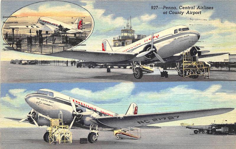 McKeesport PA Pittsburgh Airport Central Airlines Prop Planes Linen Postcard