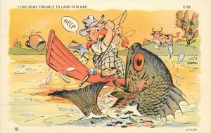 Postcard 1940s Ray Walters fishing exaggeration Comic Humor Teich 23-2985