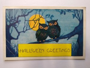 Halloween Postcard Whitney 2 Owls Vintage Original Blue Background Greetings