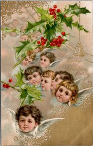 Christmas Angel Baby Cherubs  Embossed Postcard X19