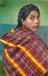 Vintage Postcard Beautiful Indian Girl of Guatemala in Bright Striped Fabric