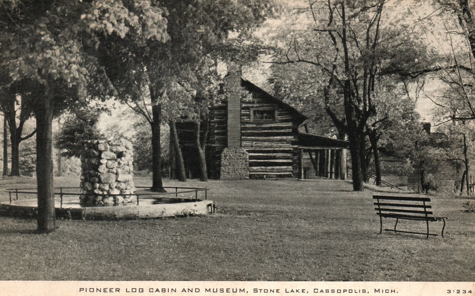 Vintage Postcard 1940's Pioneer Log Cabin Museum Stone Lake Cassopolis