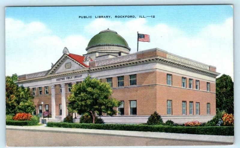 ROCKFORD, Illinois IL ~ PUBLIC LIBRARY ca 1940s Linen Winnebago County Postcard