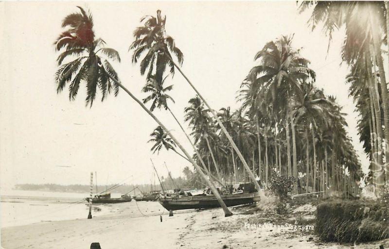 Fishing Village, Singapore Real Photo Postcard. Boat. Palm Trees