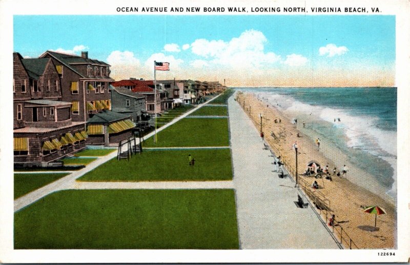 Postcard VA Virginia Beach Ocean Avenue & New Board Walk Umbrella 1920s S113