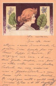 ITALY~WOMAN & FLOWERS-ARTIST ART DECO DESIGN~1900s ITALIAN POSTCARD