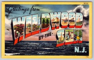 GREETINGS FROM WILDWOOD BY THE SEA NJ VINTAGE LARGE LETTER LINEN POSTCARD 