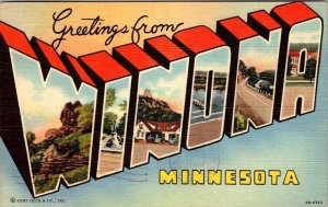MN, Minnesota  WINONA LARGE LETTER LINEN Greetings  1949 Curt Teich Postcard