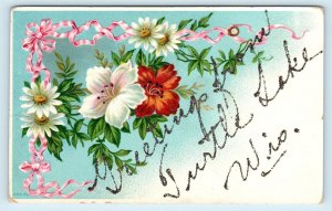 TURTLE LAKE, WI Wisconsin ~ Embossed GREETINGS FROM, w/Flowers  1909  Postcard