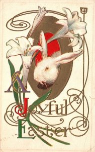 Joyful Easter Greetings Card White Bunny Rabbit Flowers Vintage Postcard c1910