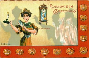 Halloween, Women Holding Mirror and Candle, Clock Striking Midnight, Two Ghosts