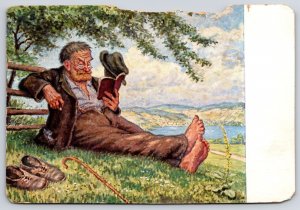 1939 Old Man In The Village Reading The Book Painting Art Posted Postcard