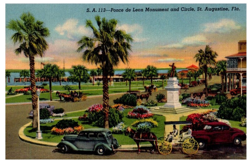 Ponce de Leon Monument and Circle St Augustine Florida Postcard