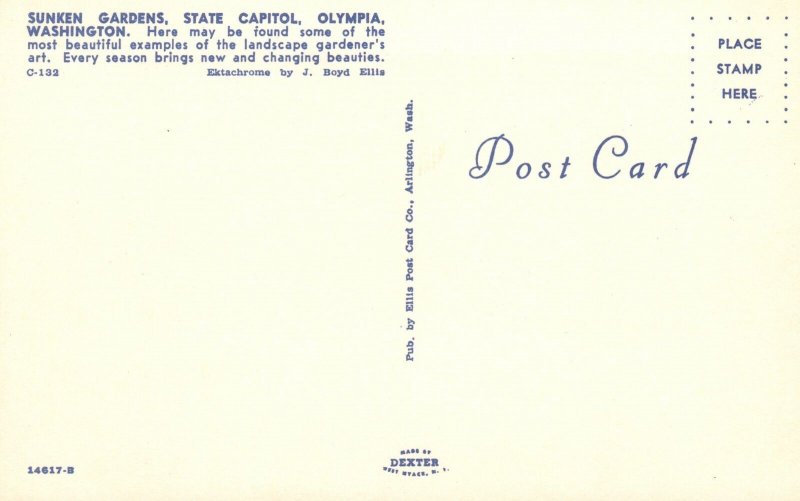 Vintage Postcard Sunken Gardens State Capitol Olympia Washington WA